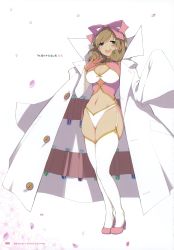Rule 34 | 10s, 1girl, absurdres, blonde hair, bow, breasts, buttons, cleavage, cleavage cutout, clothing cutout, concept art, full body, green eyes, hair bow, high heels, highres, lab coat, large breasts, long sleeves, navel, official art, open mouth, page number, petals, scan, senran kagura, shiny skin, simple background, smile, solo, standing, test tube, white legwear, yaegashi nan