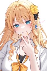 Rule 34 | 1girl, 723/nanahumi, black bow, blonde hair, blue eyes, blush, bow, bowtie, closed mouth, collared shirt, flower, genshin impact, hair bow, hair flower, hair intakes, hair ornament, hand up, head tilt, long hair, long sleeves, looking at viewer, nail polish, navia (genshin impact), open collar, orange bow, orange bowtie, portrait, shirt, sidelocks, simple background, smile, solo, straight hair, v over mouth, white background, yellow flower, yellow nails