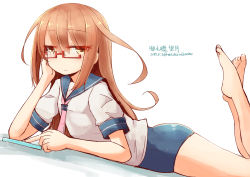 Rule 34 | 1girl, ass, bare legs, blue sailor collar, blue one-piece swimsuit, brown eyes, brown hair, cellphone, cosplay, dated, flat chest, glasses, hair between eyes, hakuun (m2230), head rest, i-58 (kancolle), i-58 (kancolle) (cosplay), kantai collection, legs up, long hair, looking at viewer, lying, mochizuki (kancolle), on stomach, one-piece swimsuit, phone, pink neckwear, red-framed eyewear, sailor collar, school swimsuit, school uniform, serafuku, shadow, smartphone, solo, swimsuit, swimsuit under clothes, twitter username