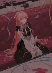 Rule 34 | 1girl, :d, apron, black dress, bow, brown eyes, chihuri, confetti, couch, cup, damaged, dress, drink, drinking glass, ear piercing, eyes visible through hair, flower pot, hair between eyes, hair ribbon, highres, holding, holding knife, indoors, juliet sleeves, knife, long hair, long sleeves, looking at viewer, on couch, open mouth, original, own hands together, piercing, pink hair, plant, ponytail, potted plant, puddle, puffy sleeves, ribbon, shirt, sitting, sleeveless, sleeveless dress, smile, solo, spill, table, very long hair, waist apron, white apron, white bow, white ribbon, white shirt, yana (chihuri)