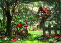 Rule 34 | 1girl, bad id, bad pixiv id, bow, braid, brown hair, building, chimney, dress, elf, envelope, fence, flower, forest, grass, hair bow, house, long hair, long sleeves, mailbox, nature, original, outdoors, parted bangs, plant, pointy ears, railing, sasumata jirou, scenery, signature, smile, solo, stairs, sunlight, tree, tree shade, treehouse, twin braids, wooden fence