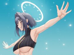 Rule 34 | 1girl, armpits, black hair, bow, bow earrings, breasts, closed eyes, clothing cutout, earrings, hair intakes, halo, hololive, hololive english, jewelry, large breasts, ouro kronii, ouro kronii (1st costume), outstretched arms, shirt, short hair, sleeveless, sleeveless shirt, solo, underboob, underboob cutout, virtual youtuber, zenya