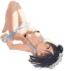 Rule 34 | 1girl, apron, bad id, bad pixiv id, bare legs, bare shoulders, barefoot, bikini, bikini top only, black bikini, black hair, blush, breasts, cleavage, closed mouth, commentary, frilled apron, frilled bikini, frilled bikini top, frills, full body, highres, looking at viewer, lying, maid, maid bikini, medium breasts, navel, on back, original, sabet (young ouo), short hair, simple background, solo, swimsuit, unconventional maid, waist apron, white background, yellow eyes