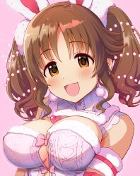 Rule 34 | 1girl, animal ears, armlet, bare shoulders, breasts, brown eyes, brown hair, cleavage, cleavage cutout, clothing cutout, detached collar, earrings, fur trim, heart, heart necklace, highres, idolmaster, idolmaster cinderella girls, jewelry, large breasts, looking at viewer, natsuya (natuya777), necklace, official alternate costume, open mouth, rabbit ears, smile, solo, totoki airi, twintails, wavy hair