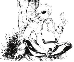 Rule 34 | 1boy, bread, chainsaw, chainsaw man, denji (chainsaw man), eating, eyepatch, food, greyscale, highres, jacket, lineart, looking at object, monochrome, pochita (chainsaw man), short hair, simple background, sitting, tree, tuzaixia, white background
