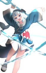 Rule 34 | 1girl, arms up, blue hoodie, blunt bangs, blush, collarbone, feeilll, fins, fish bone, fish tail, full body, gawr gura, highres, holding, holding trident, holding weapon, hololive, hololive english, hood, hoodie, long sleeves, looking at viewer, medium hair, open mouth, polearm, purple eyes, shark tail, sharp teeth, side ponytail, sidelocks, solo, tail, teeth, thighs, tongue, trident, upper teeth only, virtual youtuber, weapon, white background, white hair, wide sleeves