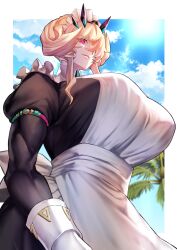 Rule 34 | 1girl, apron, barghest (fate), barghest (swimsuit archer) (fate), biceps, black dress, blonde hair, blue sky, breasts, collared dress, dress, fate/grand order, fate (series), gloves, hair over one eye, highres, horns, huge breasts, long sleeves, looking at viewer, maid, maid headdress, medium hair, muscular, muscular female, palm tree, rahato, red eyes, sky, smile, solo, tree, white apron, white gloves