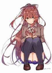Rule 34 | 1girl, artist name, az 37331m, black thighhighs, blazer, blue skirt, blush, bow, brown hair, closed mouth, collared shirt, commentary request, doki doki literature club, full body, green eyes, hair between eyes, hair bow, hair intakes, hands on own knees, highres, jacket, long hair, long sleeves, looking at viewer, monika (doki doki literature club), neck ribbon, over-kneehighs, pleated skirt, ponytail, red ribbon, ribbon, school uniform, shirt, sidelocks, simple background, skirt, solo, squatting, thighhighs, white background, white bow, white ribbon, wing collar