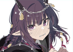 Rule 34 | 1girl, arknights, black jacket, blush, braid, chain, clenched teeth, commentary, demon horns, diamond-shaped pupils, diamond (shape), highres, hood, hood down, hooded jacket, horn ornament, horns, jacket, lava (arknights), lava the purgatory (arknights), long hair, looking at viewer, official alternate costume, one-hour drawing challenge, pointy ears, portrait, purple eyes, purple hair, simple background, sketch, solo, sweatdrop, symbol-shaped pupils, teeth, tetuw, white background