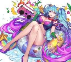 Rule 34 | 1girl, arcade sona, arm warmers, blue eyes, blue hair, bra, breasts, clam shell, cleavage, fingerless gloves, gloves, gradient hair, hair ornament, hayanpool, high heels, highres, huge breasts, innertube, large breasts, league of legends, lipstick, lobster, long hair, looking at viewer, lying, makeup, midriff, multicolored hair, nail polish, on back, parted lips, pink hair, purple bra, smile, solo, sona (league of legends), star (symbol), star hair ornament, starfish, swim ring, tagme, twintails, underwear, very long hair