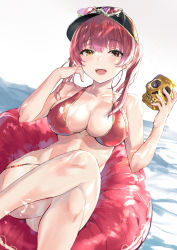 Rule 34 | 1girl, :d, bad id, bad pixiv id, bare arms, bare legs, bare shoulders, bikini, black headwear, breasts, character name, cleavage, collarbone, crossed legs, english text, eyewear on headwear, halterneck, heart, heterochromia, highres, holding, holding skull, hololive, houshou marine, houshou marine (summer), innertube, large breasts, light blush, long hair, looking at viewer, open mouth, red bikini, red eyes, red hair, see-through, simple background, sitting, skull, smile, solo, sunglasses, swim ring, swimsuit, teeth, temir, twintails, upper teeth only, virtual youtuber, water, white background, yellow eyes