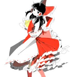 Rule 34 | 1girl, arms at sides, ascot, bad drawr id, bad id, bare shoulders, black eyes, black hair, blunt bangs, bow, closed mouth, detached sleeves, dot nose, feet out of frame, floating hair, frilled ascot, frilled hair tubes, frills, from side, gohei, hair bow, hair tubes, hakurei reimu, head tilt, hira, holding, holding gohei, jaggy lines, large bow, long hair, long sleeves, looking at viewer, looking to the side, medium skirt, oekaki, red bow, red vest, ribbon-trimmed sleeves, ribbon trim, shadow, sidelocks, simple background, skirt, skirt set, sleeveless, smile, solo, standing, touhou, vest, walking, white background, wide sleeves, yellow ascot