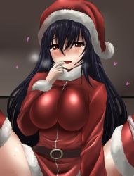 Rule 34 | 1girl, belt, black hair, blush, breasts, hat, heart, highres, long hair, looking at viewer, mushi gyouza, open mouth, original, red eyes, santa hat, solo, spread legs, sweat
