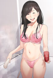 Rule 34 | 1girl, a1 (initial-g), bra, breasts, character request, cleavage, commentary request, copyright request, cup, holding, holding cup, holding shower head, long hair, looking at viewer, medium breasts, navel, open mouth, panties, pink bra, pink panties, shower head, smile, solo, standing, teeth, underwear, underwear only, upper teeth only