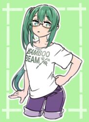 Rule 34 | .live, 1girl, arm at side, bamboo print, blush, closed mouth, cropped legs, denim, denim shorts, english text, glasses, green background, green eyes, green hair, hand on own hip, highres, inset border, kagura suzu (.live), long hair, looking at viewer, magari (c0rn3r), outline, outside border, print shirt, purple shorts, shirt, short sleeves, shorts, shorts rolled up, side ponytail, simple background, solo, t-shirt, text print, virtual youtuber, white outline, white shirt