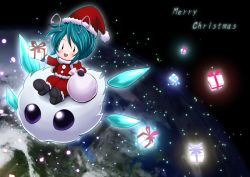 Rule 34 | 1girl, antennae, blush, boots, box, chibi, christmas, earth (planet), female focus, flying, gift, gloves, glowing, green hair, hat, light particles, madara inosuke, merry christmas, open mouth, purple eyes, santa costume, santa hat, short hair, smile, solid oval eyes, solo, space, touhou, wings, wriggle nightbug