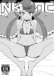 Rule 34 | 1girl, arm support, ass, barefoot, bed, bikini, breasts, cameltoe, cleavage, cleft of venus, creatures (company), dark-skinned female, dark skin, flower, full body, game freak, greyscale, hair flower, hair ornament, heart, heart-shaped pillow, highres, kneeling, long hair, looking at viewer, low twintails, mallow (pokemon), medium breasts, micro bikini, monochrome, navel, nintendo, on bed, pillow, pokemon, pokemon sm, shiny skin, simple background, sitting, smile, solo, spread legs, swimsuit, tamagoroo, thong bikini, trial captain, twintails, wide hips