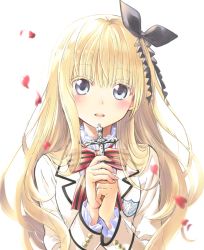 Rule 34 | 10s, 1girl, blue eyes, blush, bow, bowtie, highres, juliet persia, kishuku gakkou no juliet, long hair, looking at viewer, natsupa, school uniform, simple background, smile, solo, striped bow, striped bowtie, striped clothes, white background
