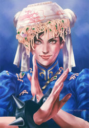 Rule 34 | 1girl, artist name, black hair, bowl, bracelet, china dress, chinese clothes, chun-li, cottony hotchkiss, dress, food, food on head, gameplay mechanics, jewelry, noodles, object on head, puffy sleeves, short hair, smile, solo, spiked bracelet, spikes, street fighter, street fighter v, upper body, yellow eyes