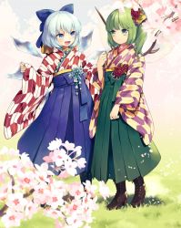 Rule 34 | 2girls, blue eyes, blue hair, blue hakama, boots, bow, brown footwear, cirno, commission, cross-laced footwear, daiyousei, fairy wings, flower, grass, green eyes, green hair, green hakama, hair bow, hair flower, hair ornament, hakama, hakama skirt, high heel boots, high heels, ice, ice wings, japanese clothes, lace-up boots, multiple girls, open mouth, short hair, side ponytail, skeb commission, skirt, smile, tomobe kinuko, touhou, wide sleeves, wings