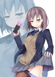 Rule 34 | 1girl, :q, ai-chan (tawawa), bad id, bad pixiv id, blue eyes, blue jacket, blue necktie, blue panties, blush, bow, bow panties, braid, breasts, brown hair, brown pantyhose, brown sweater, buttons, cellphone, clothes lift, clothes pull, collared shirt, commentary request, covered erect nipples, cowboy shot, earrings, female pubic hair, fingernails, french braid, getsuyoubi no tawawa, grey skirt, groin, hair ornament, hairclip, half-closed eyes, heart, heart earrings, highres, holding, holding phone, jacket, jewelry, large breasts, lifting own clothes, lipstick, long sleeves, looking at viewer, makeup, medium hair, miniskirt, moderate pubic hair, naughty face, necktie, okuri banto, open clothes, open jacket, panties, panty pull, pantyhose, pantyhose pull, phone, pink lips, pleated skirt, pubic hair, shirt, simple background, skirt, skirt lift, smartphone, smile, solo, standing, sweater, sweater vest, tongue, tongue out, underwear, v-neck, white background, white shirt, wing collar, yellow sweater vest, zoom layer