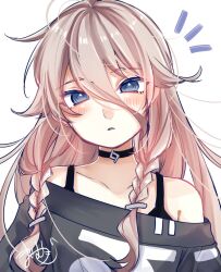 Rule 34 | 1girl, blonde hair, blue eyes, braid, choker, highres, ia (vocaloid), long hair, looking at viewer, mai mugi, notice lines, off-shoulder shirt, off shoulder, parted lips, shirt, side braids, solo, tank top, upper body, vocaloid
