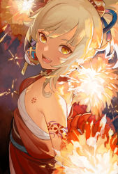 Rule 34 | 1girl, :d, absurdres, bare shoulders, blonde hair, breasts, brown eyes, brown hair, cleavage, explosion, eyebrows hidden by hair, from side, genshin impact, hadanugi dousa, highres, japanese clothes, kimono, looking at viewer, looking to the side, open kimono, open mouth, red kimono, sarashi, sin (btc86amme), small breasts, smile, solo, yoimiya (genshin impact)