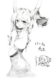 Rule 34 | 2girls, ass, bad id, bad twitter id, blush, bow, chibi, chibi inset, colored pencil (medium), dress, ex-keine, face, from side, fujiwara no mokou, greyscale, hair bow, hair ornament, hair ribbon, highres, horn ornament, horn ribbon, horns, kamishirasawa keine, long hair, looking at viewer, looking to the side, monochrome, multiple girls, open mouth, oshake, puffy sleeves, ribbon, short sleeves, simple background, smile, text focus, touhou, traditional media, white background