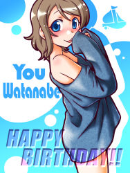 Rule 34 | 1girl, aqua sweater, artist request, bare shoulders, blue eyes, blue sweater, blush, breasts, brown hair, cleavage, female focus, hair between eyes, highres, love live!, love live! sunshine!!, naked sweater, short hair, small breasts, smile, solo, sweater, watanabe you