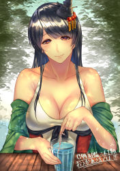 Rule 34 | 1girl, black hair, blue sky, blush, breasts, cleavage, closed mouth, fusou (kancolle), fusou kai ni (kancolle), glass, green kimono, hair between eyes, hair ornament, headgear, japanese clothes, kantai collection, kazu (otonoki86), kimono, large breasts, long hair, looking at viewer, red eyes, sky, solo, swimsuit, tree