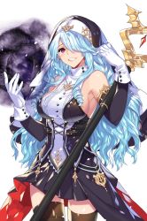 Rule 34 | 1girl, alkyde (soccer spirits), armpits, black dress, black skirt, black thighhighs, blue gloves, blush, breasts, cowboy shot, detached collar, dress, drill hair, elbow gloves, empew, garter straps, gloves, grin, hair over one eye, hands up, holding, holding staff, large breasts, long dress, long hair, looking at viewer, nun, official art, original, parted lips, pleated skirt, purple eyes, sideboob, skirt, sleeveless, smile, soccer spirits, solo, staff, standing, teeth, thighhighs, turtleneck, very long hair, wavy hair, white background, white gloves