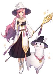 Rule 34 | 1girl, alpaca, black skirt, blush, boots, breasts, brown eyes, cape, clenched hand, cross-laced footwear, full body, hat, highres, holding, holding staff, kinchee, large breasts, long hair, long skirt, long sleeves, looking at another, medal, original, parted lips, purple eyes, simple background, skirt, smile, sparkle, staff, swept bangs, very long hair, white background, white footwear, witch hat
