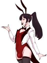 Rule 34 | 1boy, androgynous, animal ears, black hair, blunt bangs, bow, bowtie, bulge, covered erect nipples, crossdressing, deroichi, earrings, eyeshadow, fake animal ears, fingernails, highres, jacket, jewelry, lai (deroichi), leotard, lipstick, long fingernails, long hair, makeup, male focus, mole, nail polish, original, playboy bunny, ponytail, rabbit ears, red eyes, simple background, smile, solo, thighhighs, trap, white background
