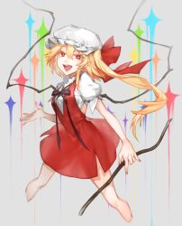 Rule 34 | 1girl, :d, black ribbon, blonde hair, breasts, colored eyelashes, cropped legs, flandre scarlet, hat, hat ribbon, highres, holding, holding weapon, laevatein (touhou), looking at viewer, medium breasts, mob cap, multicolored wings, nail polish, neck ribbon, one side up, open mouth, puffy short sleeves, puffy sleeves, red eyes, red nails, red ribbon, red skirt, red vest, ribbon, shidaccc, shirt, short hair, short sleeves, sidelocks, skirt, slit pupils, smile, solo, teeth, touhou, upper teeth only, vest, weapon, white hat, white shirt, wings