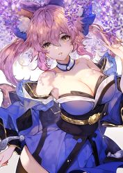 Rule 34 | 10s, 1girl, animal ears, bare shoulders, bow, breasts, collar, detached sleeves, fate/extra, fate (series), fox ears, hair bow, japanese clothes, kimono, large breasts, lirica, obi, pink hair, sash, strapless, tamamo (fate), tamamo no mae (fate/extra), twintails