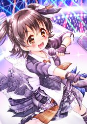 Rule 34 | 1girl, akagi miria, black footwear, black gloves, black hair, black jacket, black skirt, blush, brown eyes, collared shirt, commentary request, dress shirt, feet out of frame, fingerless gloves, from above, glint, gloves, glowstick, hair between eyes, highres, holding, holding microphone, idolmaster, idolmaster cinderella girls, idolmaster cinderella girls starlight stage, jacket, looking away, microphone, open mouth, outstretched arm, plaid, plaid skirt, pointing, regular mow, shirt, skirt, solo, speaker, standing, sweat, teeth, two side up, upper teeth only, white shirt
