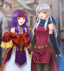 Rule 34 | 2girls, :d, absurdres, bare shoulders, belt, black gloves, black pantyhose, blue scarf, brown belt, cape, commentary request, cowboy shot, dress, elbow gloves, fingerless gloves, fire emblem, fire emblem: radiant dawn, gloves, hazuki (nyorosuke), highres, holding hands, long hair, long sleeves, micaiah (fire emblem), multiple girls, nintendo, open mouth, outdoors, pantyhose, purple dress, purple hair, red cape, sanaki kirsch altina, scarf, siblings, sisters, sleeveless, sleeveless dress, smile, standing, very long hair, white hair, yellow eyes