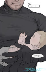 Rule 34 | ..., 2boys, baby, baby carry, bara, beard, black gloves, booba (meme), carrying, chris redfield, english text, facial hair, gloves, grabbing, head out of frame, large pectorals, lowres, male focus, mature male, meme, multiple boys, muscular, muscular male, mustache, pectoral focus, pectoral grab, pectorals, resident evil, sardine (kjr0313), shirt, shirt grab, simple background, stubble, tight clothes, tight shirt, upper body, white background