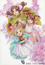 Rule 34 | 3girls, :d, absurdres, apron, artist name, bad tag, belt, black footwear, blonde hair, blue eyes, bow, braid, brown eyes, brown footwear, brown hair, child, collar, coquelicot (sakura taisen), dress, english text, everyone, flower, frilled apron, frilled sleeves, frills, full body, green dress, green poncho, green sleeves, group picture, gun, hair bobbles, hair flower, hair ornament, hair ribbon, highres, holding, iris chateaubriand, jean-paul, juliet sleeves, leggings, long hair, long sleeves, looking at viewer, mary janes, matsubara hidenori, multiple girls, official art, open mouth, pants, pink bow, pink collar, pink pants, poncho, puffy sleeves, ribbon, rikaritta aries, rose, sailor collar, sakura taisen, sakura taisen iii, sakura taisen v, sega, shoes, short hair, short twintails, shotgun, sidelocks, simple background, smile, standing, standing on one leg, stuffed animal, stuffed toy, teddy bear, twin braids, twintails, weapon, white apron, white leggings, white sleeves, zig-zag pattern