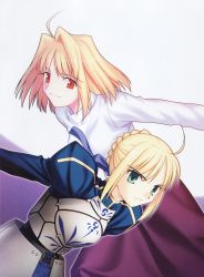 Rule 34 | 00s, 2girls, absurdres, ahoge, arcueid brunestud, artoria pendragon (fate), blonde hair, company connection, creator connection, crossover, fate/stay night, fate (series), green eyes, highres, long skirt, multiple girls, purple skirt, red eyes, saber (fate), scan, skirt, smirk, sweater, takeuchi takashi, tsukihime, type-moon