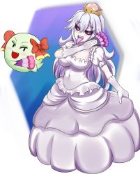 Rule 34 | 1girl, :d, black sclera, blush, bow (paper mario), breasts, colored sclera, colored skin, colored tongue, commentary, covered navel, crown, dress, english commentary, eyes visible through hair, fang, frilled dress, frills, gloves, hair between eyes, hand fan, highres, long hair, looking at viewer, luigi&#039;s mansion, mario (series), medium breasts, nav (itsnav), new super mario bros. u deluxe, nintendo, open mouth, paper mario, paper mario 64, pink eyes, princess king boo, puffy short sleeves, puffy sleeves, purple tongue, sharp teeth, short sleeves, silver hair, simple background, skirt hold, smile, super crown, teeth, tongue, tongue out, white background, white dress, white gloves, white skin