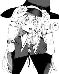 Rule 34 | 1girl, ?, akimaki yuu, blush, bolo tie, buttons, collared shirt, commentary request, gloves, greyscale, hair between eyes, hair ribbon, hands on headwear, hat, highres, kirisame marisa, long hair, long sleeves, looking at viewer, monochrome, open mouth, ribbon, robe, shirt, simple background, solo, speech bubble, spoken question mark, teeth, touhou, upper body, watch, witch hat, wristwatch