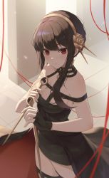 Rule 34 | 1girl, absurdres, black dress, black gloves, black hair, black thighhighs, breasts, cleavage, closed mouth, dagger, dress, dual wielding, earrings, fingerless gloves, flower, from above, gloves, gold earrings, gold hairband, hair flower, hair ornament, hairband, highres, holding, holding dagger, holding knife, holding weapon, jewelry, knife, large breasts, looking at viewer, off-shoulder dress, off shoulder, okey, red eyes, red ribbon, reverse grip, ribbon, rose, smile, solo, spikes, spy x family, thighhighs, two-sided dress, two-sided fabric, weapon, yor briar, zettai ryouiki
