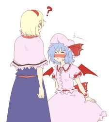 Rule 34 | 2girls, ?, alice margatroid, bat wings, blonde hair, blue hair, blush, closed eyes, female focus, flat color, hat, height difference, lysander z, multiple girls, remilia scarlet, touhou, wings