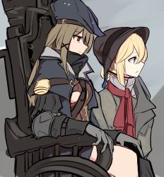 Rule 34 | 2girls, azur lane, bloodborne, character request, from side, gehrman the first hunter, gloves, grey background, hat, highres, hunter (meta) (azur lane), looking ahead, marshall k, multiple girls, name connection, name conscious, plain doll, scarf, sitting, wheelchair