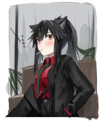 Rule 34 | 1girl, animal ear fluff, animal ears, arknights, belt, black hair, black jacket, black necktie, border, breasts, character name, cigarette, collared shirt, commentary request, dress shirt, highres, horn/wood, jacket, long hair, medium breasts, necktie, official alternate costume, open collar, plant, ponytail, red eyes, red shirt, shirt, sidelocks, solo, suit jacket, texas (arknights), texas (willpower) (arknights), upper body, wolf ears
