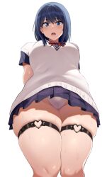 Rule 34 | 1girl, black hair, blue eyes, from below, gridman universe, gridman universe (film), highres, open mouth, panties, pantyshot, short hair, simple background, solo, ssss.gridman, sweater vest, takarada rikka, thick thighs, thigh strap, thighs, tsukunendo, underwear, white background, white panties, white sweater vest