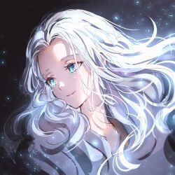 Rule 34 | 1girl, blue eyes, braid, crying, crying with eyes open, final fantasy, final fantasy xiv, floating hair, from side, grey background, half updo, happy tears, light particles, long hair, looking to the side, portrait, single braid, sketch, smile, solo, tears, venat (ff14), wavy hair, white hair, wild5lee