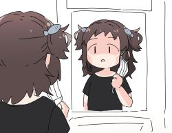 Rule 34 | 1girl, artist self-insert, black shirt, brown hair, commentary request, fish hair ornament, hair ornament, highres, holding, holding mask, mask, mirror, original, parted lips, reflection, shirt, short sleeves, solo, tan, tanline, two side up, upper body, white background, yukie (kusaka shi), | |