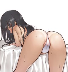Rule 34 | 1girl, ass, bed sheet, bent over, bikini, black hair, blush, cameltoe, covered clitoris, highres, long hair, looking at viewer, looking back, ren san, simple background, solo, swimsuit, tan, tanline, topless, white background, white bikini, yellow eyes